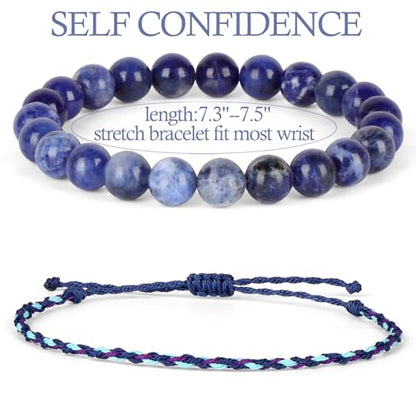 QOGIR 2pcs Handmade Healing Bracelet, Natural Gem Stone Crystal Elastic Bracelet - color: Blue Sodalite(Self Confidence), size: 8mm