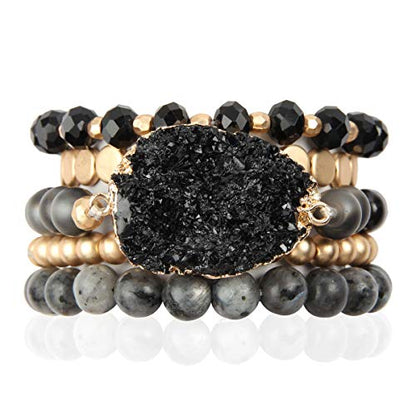 RIAH FASHION Bohemian Acrylic Druzy Multi-Layer Bead Statement Bracelet - Versatile Faux Stone Pendant Stretch Strand Stackable Cuff Bangle Set Sparkly Crystal - color: Acrylic Druzy & Natural Stone Bead Black Labradorite