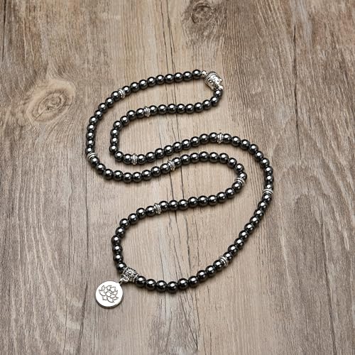 6mm 108 Mala Beads Bracelet, Yoga Zen Necklace with Buddha and Lotus Charm for Prayer - style: Hematite