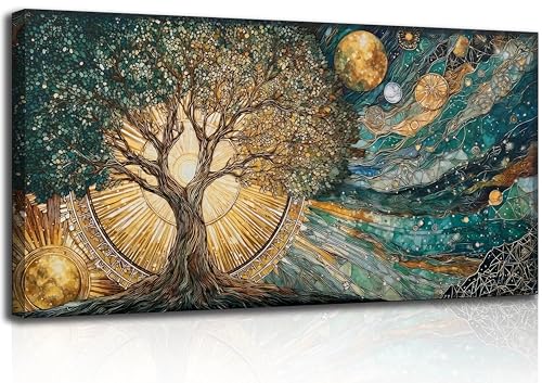 Tree of Life 3D Textured Canvas Wall Art Gold Sun and Moon Cosmic Celestial Picture Wall Decor Green Large Trees Posters Mystical Starry Sky Painting Print Artwork for Living Room Bedroom Office - color: Tree of Life 3D Textured, size: 40"L x 20"W