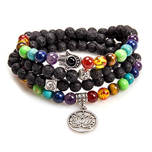 108 Mala Beads Necklace 7 Chakra Tree of Life Pendant Prayer Buddha Bracelets Healing Stone Yoga Men Women Jewelry - color: Natural lava beads