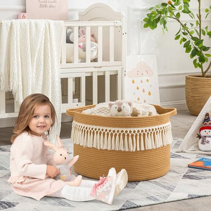 KAKAMAY Large Blanket Basket (20"x13"),Woven Baskets for storage Baby Laundry Hamper, Cotton Rope Blanket Basket for Living Room, Laundry, Nursery, Pillows, Baby Toy chest (Brown Fringe) - color: Brown Fringe