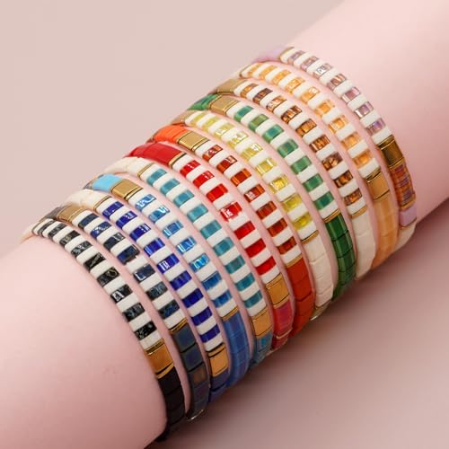 Tila Beaded Stretch Strand Bracelets for Women, Cute Boho Stackable Handmade Colorful Mixed Flat Square Beads Elastic Beach Surfer Bracelet Trendy Jewelry Friend Gift - color: 0901A