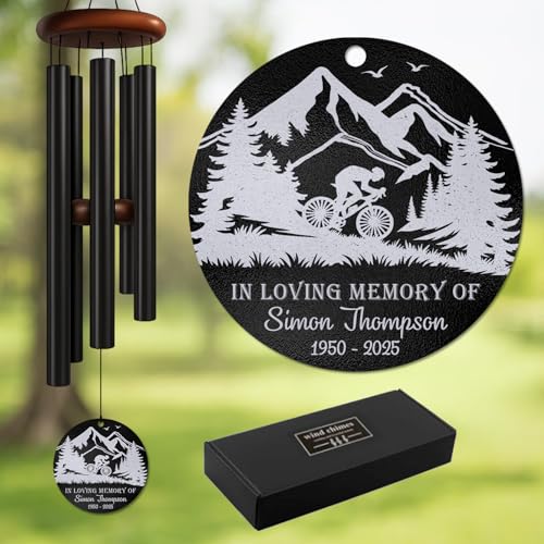 Personalized Mountain Biker Memorial Wind Chime – Custom “in Loving Memory” Cycling Design – White Engraved Outdoor Sympathy Gift for Loss of Loved One – Inspired Adventure Tribute Windchime - size: BikingWC 1
