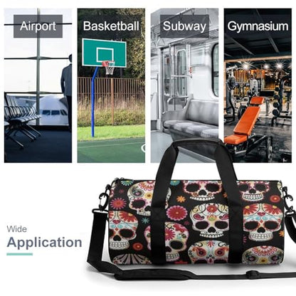 Sugar Skull Art Cylindrical Portable Fitness Bag, Large Capacity Handbag - color: Sugar Skull art