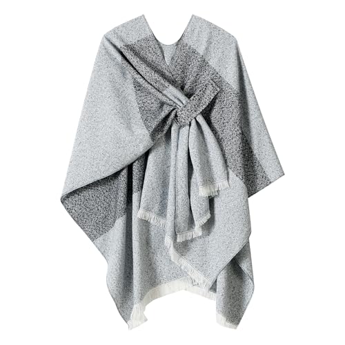 Women Shawl Wrap Poncho Cape Cardigan Open Front Coat Warm Scarf for Spring Fall Winter Cold Weather Days - color: Light Grey