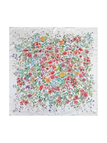 ANDANTINO 100% Pure Mulberry Silk Scarf 35" Large Square Lightweight Headscarf –Women’s Hair Wraps-With Gift Packed - color: Flowers-white-twill