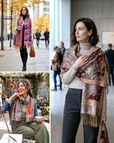 Achillea Elegant Paisley Floral Pashmina Shawl and Wrap – Boho Rave Scarf for Festival, Travel & Everyday Wear - color: Teal Dark Amber