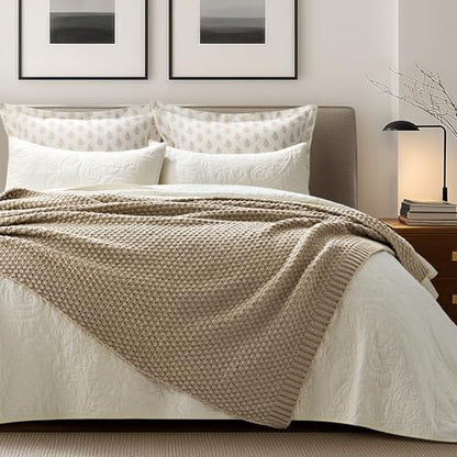 Chunky Chenille Knit Throw Blanket for Couch, Soft Luxurious Moss Stitch Blankets for Bed, Cozy Decorative Farmhouse Knitted Throws for Sofa, Sand Dune, 50" x 60"