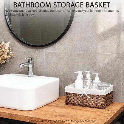 Water Hyacinth Storage Basket Small with Metal Frame & Removable Liner, 11.8”×7.9”×5.5” Rectangular Woven Organizer Bin for Bathroom Vanity, Desk, Nursery, Closet, Home Organization