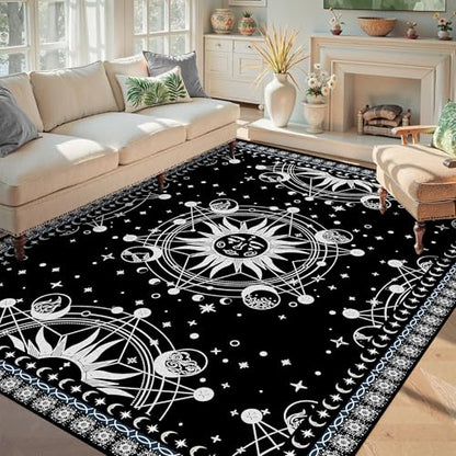 5' X 7' Sun and Moon Rug Boho Celestial Area Rugs for Bedroom Dorm Living Room Bohemian Occult Crescent Solar Stars Galaxy Floor Mat Pad Doormat Carpet,150 X 210cm,Black