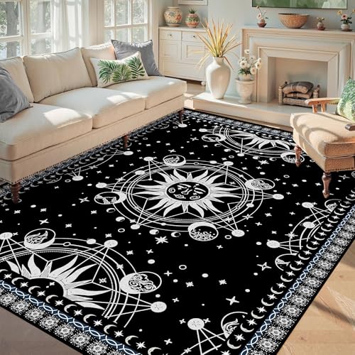 5' X 7' Sun and Moon Rug Boho Celestial Area Rugs for Bedroom Dorm Living Room Bohemian Occult Crescent Solar Stars Galaxy Floor Mat Pad Doormat Carpet,150 X 210cm,Black