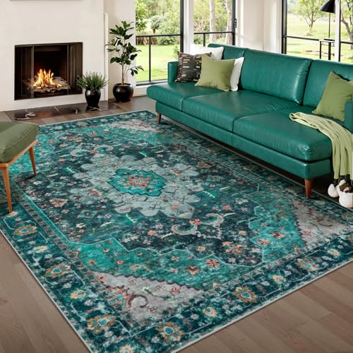 Ciicool 5x7 Area Rug Washable Rugs for Living Room,Non-Slip Indoor Large Low-Pile Mat Kitchen,Floor Carpet Vintage Carpet for Bedroom Dinning Living Room - color: Teal/Multi, size: 5' X 7' (Rectangular)