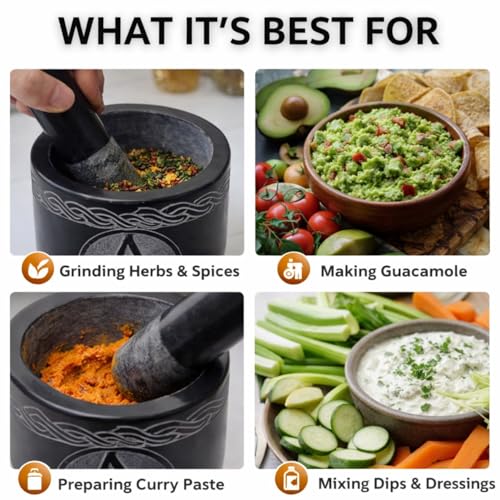 Mortar and Pestle Set Unique - Black Pestle and Mortar Bowl Solid Stone Grinder for Herbs Spice Guacamole Garlic Ginger Root