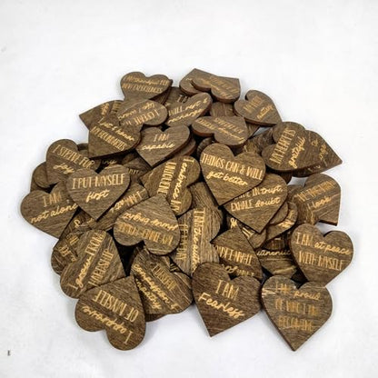Positive Affirmation Wood Cutouts | 72 Unique Laser Engraved Wood Hearts with Positive Affirmation Messages | Includes Desktop Affirmation Holder | Daily Motivational Gift - style: Affirmation Chips