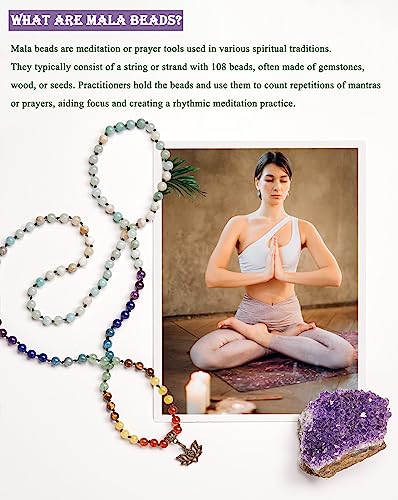 Bivei 7 Chakra 108 Mala Beads Bracelet Real Gemstone Yoga Meditation Hand Knotted Mala Prayer Bead Necklace - size: 6mm, style: Lotus OM - Amazonite