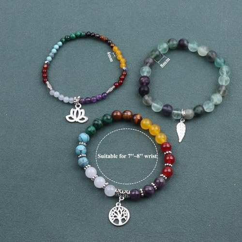 Tree of Life Yoga Healing Stone Bracelets,Multilayer Lotus Chakra Stone Reiki Bracelet Sets,Anxiety Crystal Natural Stone,for Women Stress Relief - style: chakra+green fluorite