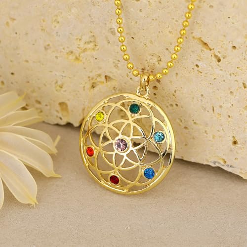 Flower of Life Necklace: 18K Gold Plated Sacred Geometry Buddhist Chakra Mandala with Diamond Pendant Necklaces Yoga Spiritual Amulet Jewelry Meditation Gift for Women Men - color: gold