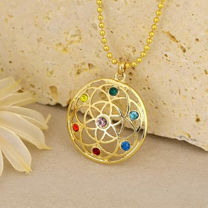 Flower of Life Necklace: 18K Gold Plated Sacred Geometry Buddhist Chakra Mandala with Diamond Pendant Necklaces Yoga Spiritual Amulet Jewelry Meditation Gift for Women Men - color: gold