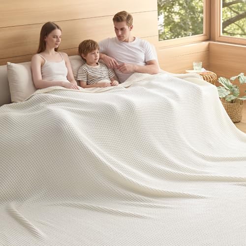 Bedsure 100% Cotton Oversized King Blanket for Spring Summer, Waffle Weave Couch Cover California King Blanket, Thin Lightweight Breathable Bedding Gifts for Women, Men, Teens, Ivory, 120"x94" - color: Ivory, size: Oversized King (120" X 94")