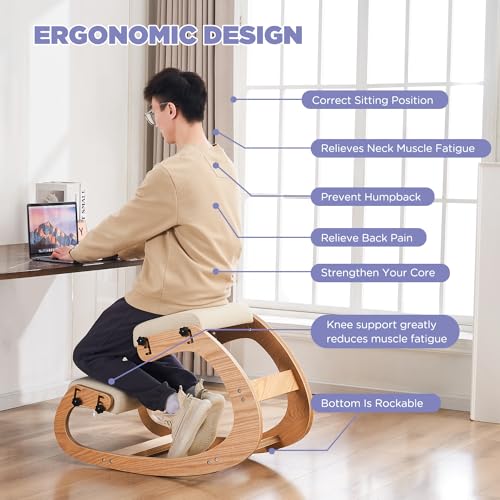 Ergonomic Kneeling Chair, Adjustable Rocking Knee Chairs for Home Office, Wooden Office Knee Chair for Back Pain Relief, Beige