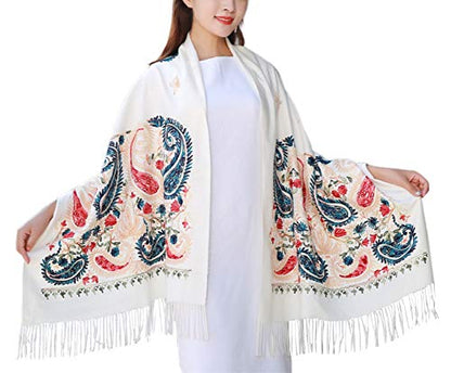 Urban CoCo Women's Embroidered Oversize Tassel Shawl Scarf Wraps for Women - color: #5-white