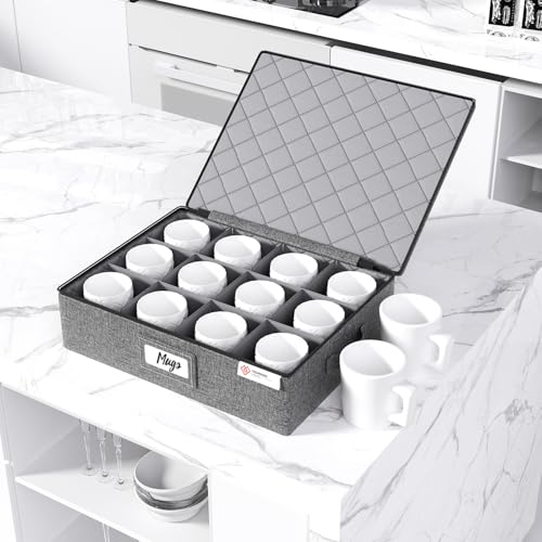 Cup and Mug Storage Box with Hard Shell and Dividers for Coffee Mugs,Tea Cups and Glasses,Stackable Storage Organizers with Lid,Handles,Zips and Lable for Moving,Holds 12,2 Pack, Grey - style: 2 Pack Mug and Cup Storage