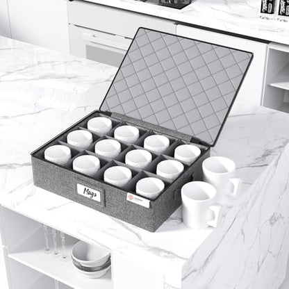 Cup and Mug Storage Box with Hard Shell and Dividers for Coffee Mugs,Tea Cups and Glasses,Stackable Storage Organizers with Lid,Handles,Zips and Lable for Moving,Holds 12,2 Pack, Grey - style: 2 Pack Mug and Cup Storage
