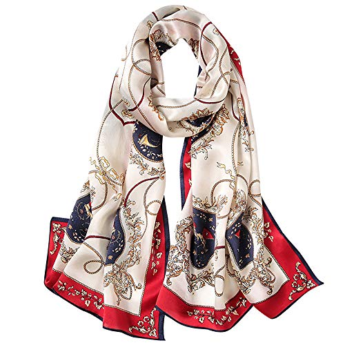 100% Mulberry Silk Long Scarf for Women Large Shawls for Headscarf and Neck- Oblong Hair Wraps with Gift Packed - color: 1-red&navy-carriage
