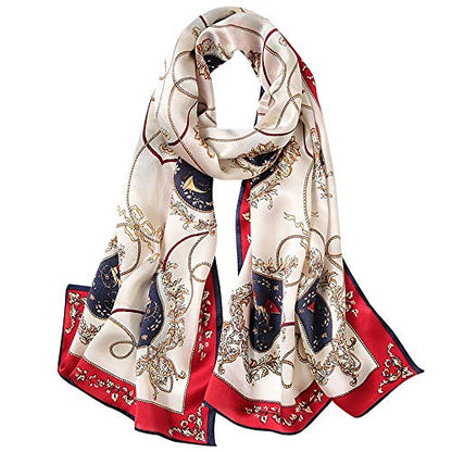 100% Mulberry Silk Long Scarf for Women Large Shawls for Headscarf and Neck- Oblong Hair Wraps with Gift Packed - color: 1-red&navy-carriage