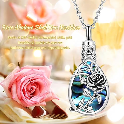 JUSTKIDSTOY Moonstone Urn Necklace for Ashes Sterling Silver Daisy/Rose/Tree Teardrop Pendant Necklace Cremation Jewelry Keepsake Memorial Gifts for Mother Grandma w/Funnel Filler - style: Rose(Abalone Shell)