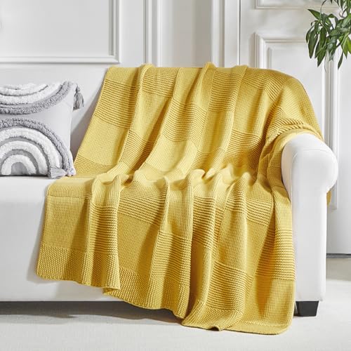 Longhui bedding 100% Cotton Chunky Cable Knit Throw Blanket for Sofa Couch Bed Baby Nursery, Farmhouse Chessboard Grid Woven Blanket with Bonus Laundering Bag, 51 x 63 Inches, Mustard Yellow - color: Mustard Yellow, size: 51” x 63”