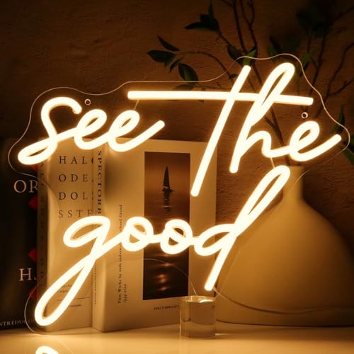 See The Good Neon Sign for Wall Decor, Warm White Led Signs for Room, USB Dimmable Neon Lights for Bedroom Home Living Room Party Cafe Business Pub Motivational Wall Art Birthday Gift - style: see the good