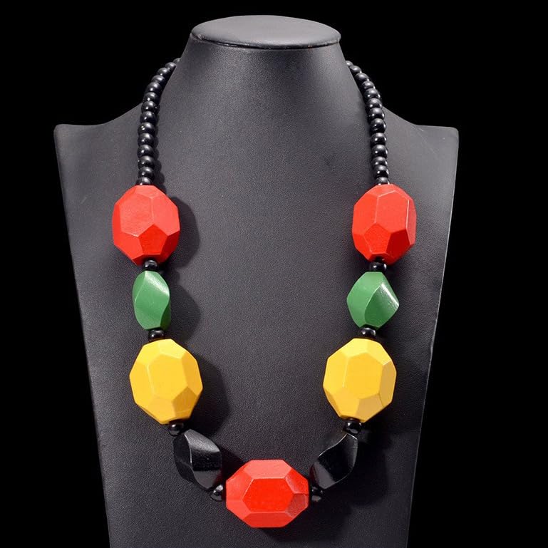 COLORFUL BLING Ethnic Natural Wood Beads Necklace for Men Women Africa Wooden Chain Chunky Strand Necklace Statement Hip Hop Jewelry - color: mix red yellow