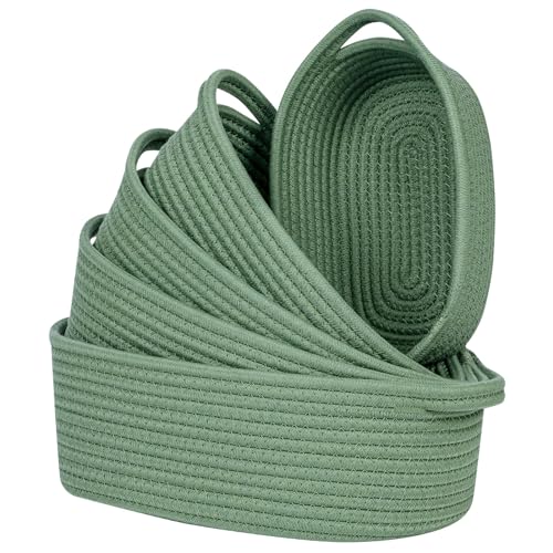 CubesLand Small Cotton Rope Storage Basket Set 5, Shelves Baskets for Organizing with Handle, Decorative Closet Storage Bins for Countertop Toilet Paper Basket for Toilet Tank Top,Green Basket - color: Green