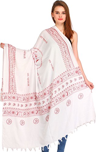 Exotic India Jai Maha Kali Prayer Shawl – Warm & Stylish PolyCotton Religious Cloth for Women - 7.0 ft x 3.6 ft - White