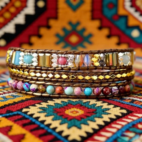 Boho Wrap Bead Bracelet for Women - Handmade Adjustable Natural Stone Beaded Bracelets Yoga Healing Bracelet Bangle Hippie Jewelry - color: Mixed beads