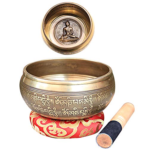 Tibetan Singing Bowl Set,Carved with Amitayus Buddha Statue and Mentra of Om Mane Padme Hum,For Sound Healing,Meditation,Yoga,Relaxation,Chakra Balance,Handmade in Nepal(4.13inches) - color: Buddha, size: 10.5cm