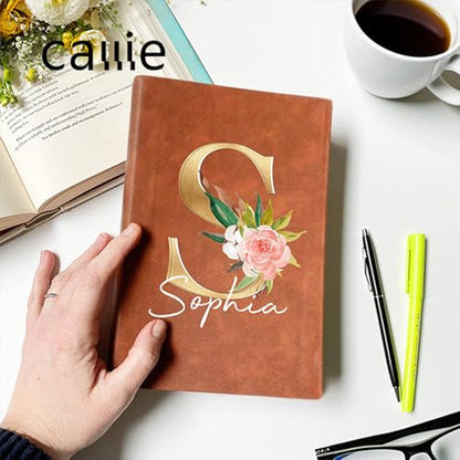 CALLIE Personalized Notebook Lined Journal for Women Men, 100 Pages A5 Hardcover Leather Journal with Floral Initials Design, Customized Notebook Gift for Writing, Work, Travel