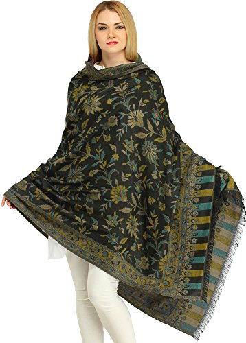 Exotic India Women Reversible Jamawar Wool Shawl with Woven Flowers | Ethnic Beautiful Floral Weave Stole, Dupatta - color: Black and Moss