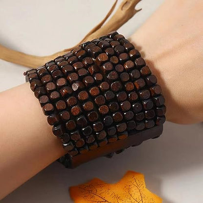 COLORFUL BLING Handmade Natural Wooden Beads Cuff Bracelet Woven Chunky Geometric Bangle for Women Summer Beach Boho Jewelry - color: multilayer