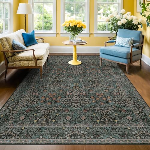 Dark Green Floral Living Room Rug 5x7 Area Rug - Vintage Forest Washable Mat for Dining Room, Bedroom, Low Pile Non Slip Stain Resistance Distressed Retro Indoor Boho Carpet (5x7 Dark Green) - color: Dark Green / Black, size: 5' x 7' (Rectangular)