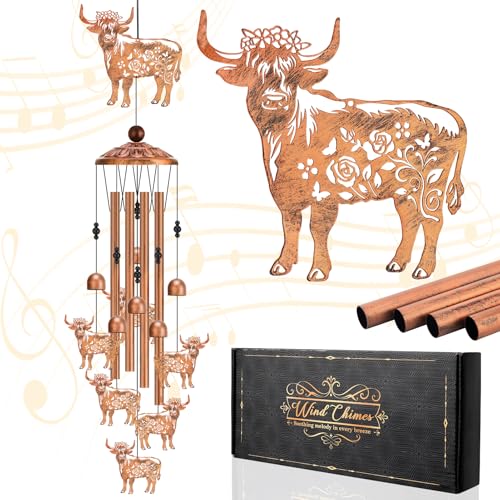 Highland Cow Wind Chimes for Outside Metal Windchimes Highland Cow Gifts for Women Men Garden Decor for Patio Yard Sympathy Memorial