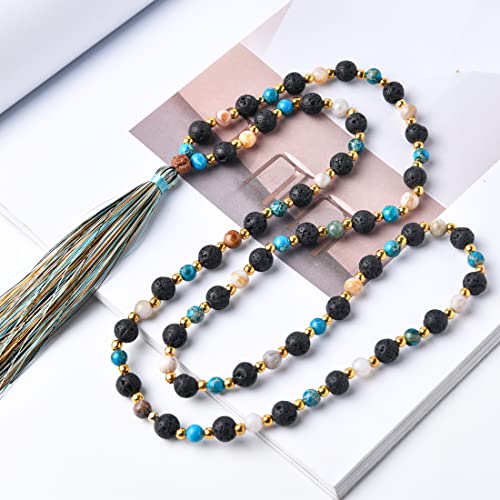 YGLINE Chakra 108 Mala Beads Bracelet Real Healing Gemstone Yoga Meditation Hand Knotted Mala Prayer Bead Necklace - color: Lava Stone