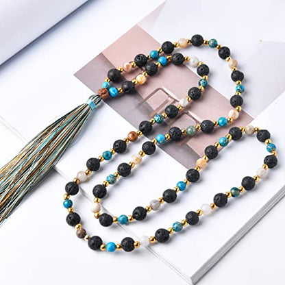 YGLINE Chakra 108 Mala Beads Bracelet Real Healing Gemstone Yoga Meditation Hand Knotted Mala Prayer Bead Necklace - color: Lava Stone