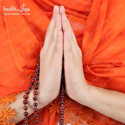 HealthAndYoga™ Rose Wood Mala (108 + 1 Beads with Tassel) & Velvet Bag - Hand Knotted Rosary for Mantra Chanting, Meditation - Invokes Vitality & Courage, Improves Skin Health, Influences Heart Chakra