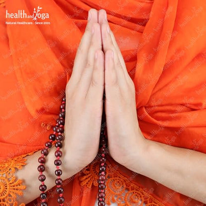 HealthAndYoga™ Rose Wood Mala (108 + 1 Beads with Tassel) & Velvet Bag - Hand Knotted Rosary for Mantra Chanting, Meditation - Invokes Vitality & Courage, Improves Skin Health, Influences Heart Chakra