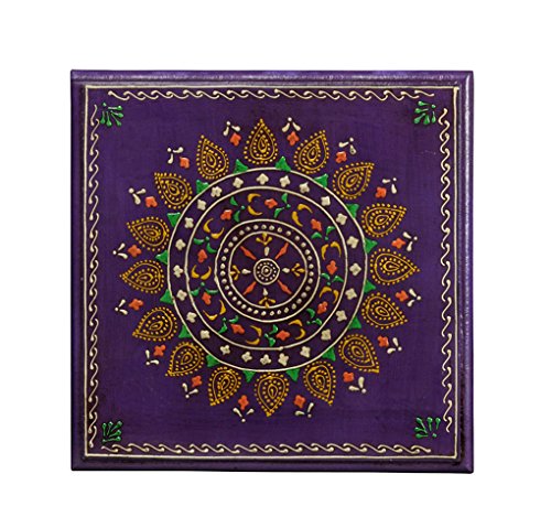 Hand Painted Indian Chowki Altar Meditation Stool Low High Stool Wooden Chowki for Living Room Purple (9 x 9 x 6 Inch)