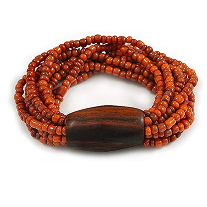 Avalaya Multistrand Dusty Orange Glass Bead with Brown Wooden Bead Flex Bracelet - Medium