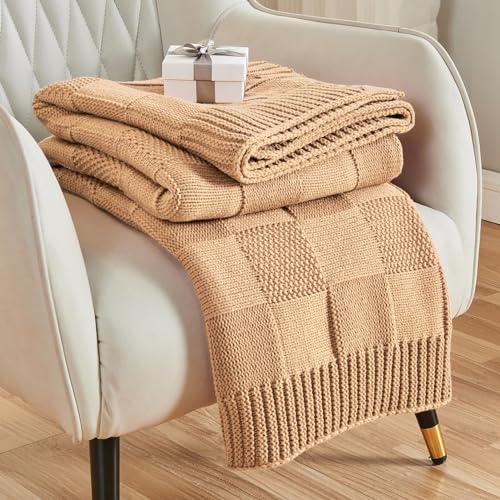 CozeCube Check Knit Throw Blanket, Beige Checkered Throw for Couch, Decorative Christmas Soft Cozy Warm Knitted Blanket for Bed Sofa Living Room, 60"X80" - color: Beige, size: 60"X80"